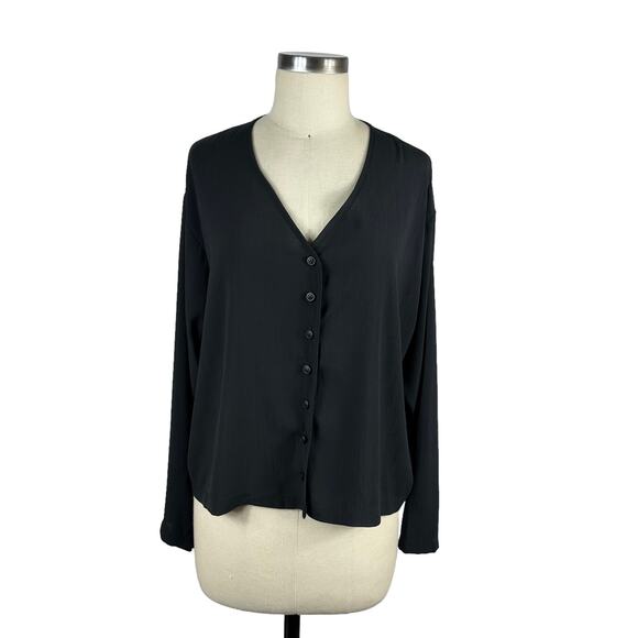 HEYGIRL STUDIO Black Satin V-Neck Button Down Blouse Long Sleeve Classy Chic - Picture 1 of 5